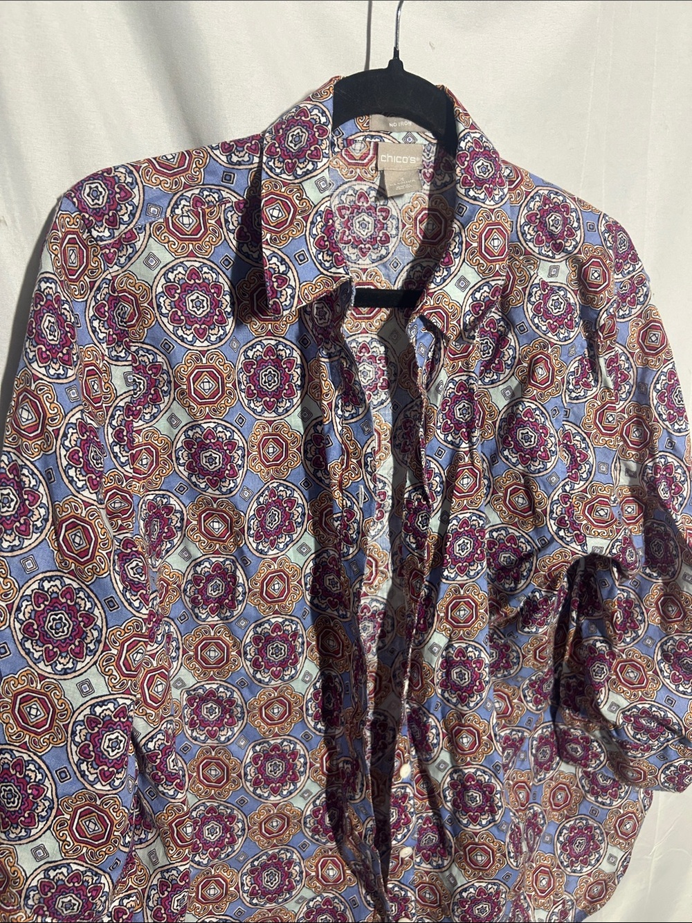 Chico's Women's Medallion Button-Front Blouse in Blue, Burgundy and Gold